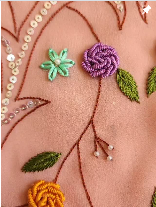 Peach Fabric with Beaded & Thread Hand Embroidery